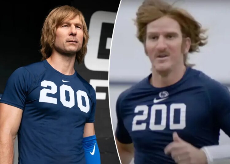 An image collage containing 2 images, Image 1 shows CHAD POWERS, Glen Powell, (Season 1, premiered Sept. 30, 2025). photo: DJ Delgado / ©Hulu/Disney / Courtesy Everett Collection, Image 2 shows Eli Manning as Chad Powers