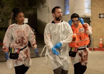 (L-R) Ayesha Harris as Dr. Ellis, Wyle as Dr. Robby and Ken Kirby as Dr. Shen in "The Pitt."