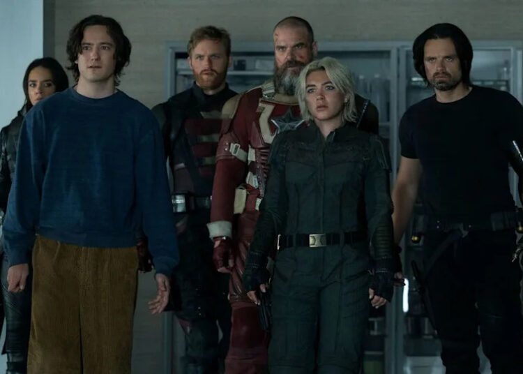 Ghost (Hannah John-Kamen), Bob (Lewis Pullman), John Walker (Wyatt Russell), Alexei Shostakov/Red Guardian (David Harbour), Yelena Belova (Florence Pugh) and Bucky Barnes (Sebastian Stan)in Marvel Studios' THUNDERBOLTS*. .