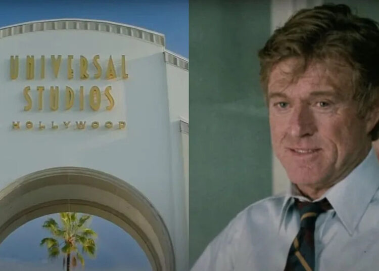 Universal Studios Hollywood entrance arch/Robert Redford smiling in Sneakers.