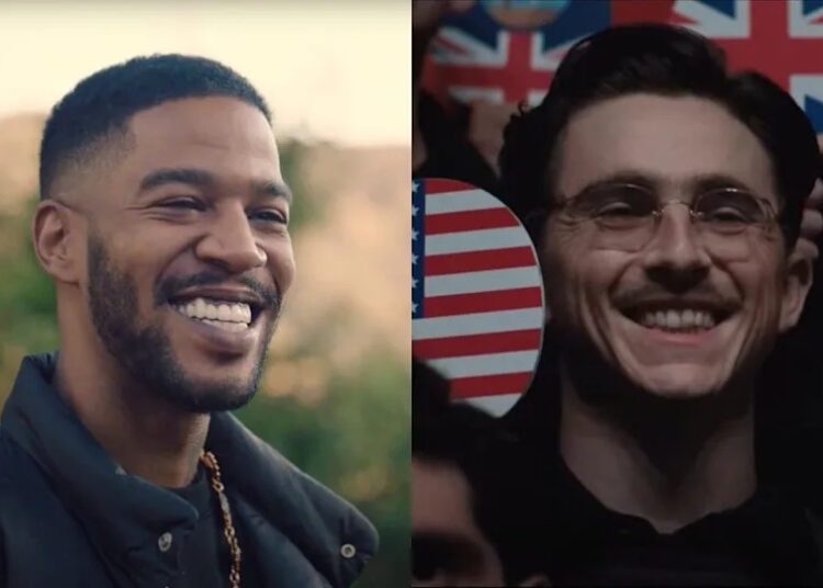 Side by side of Kid Cudi in Apple Music ‘Man on the Moon III: The Chosen’ (Zane Lowe Interview) and Timothee Chalamet in Marty Supreme, both are smiling.