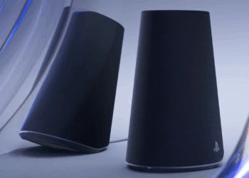 Sony Pulse Elevate speakers in black against a swirly blue background