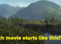Animated landscape with lush forest, mountains, a lake, and a castle on a cliff