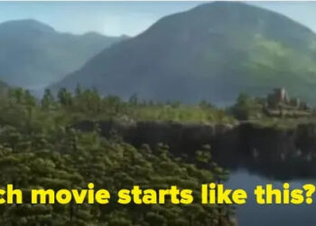 Animated landscape with lush forest, mountains, a lake, and a castle on a cliff