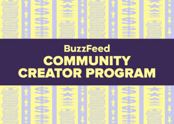 BuzzFeed Community Creator Program text over a pattern of stacked coins and stars