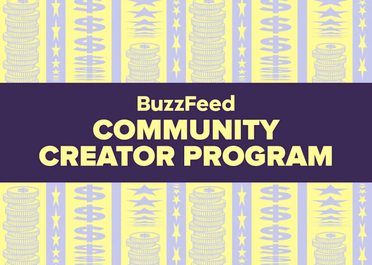 BuzzFeed Community Creator Program text over a pattern of stacked coins and stars