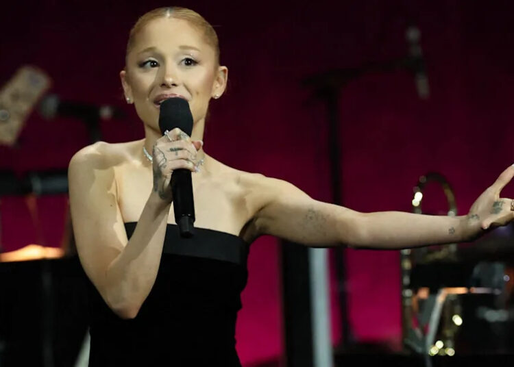 US actress Ariana Grande speaks onstage about