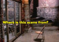 An empty rustic room with a single chair facing a glass door, captioned "Where is this scene from?"