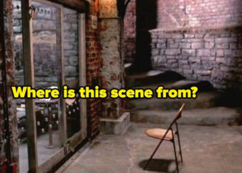 An empty rustic room with a single chair facing a glass door, captioned "Where is this scene from?"