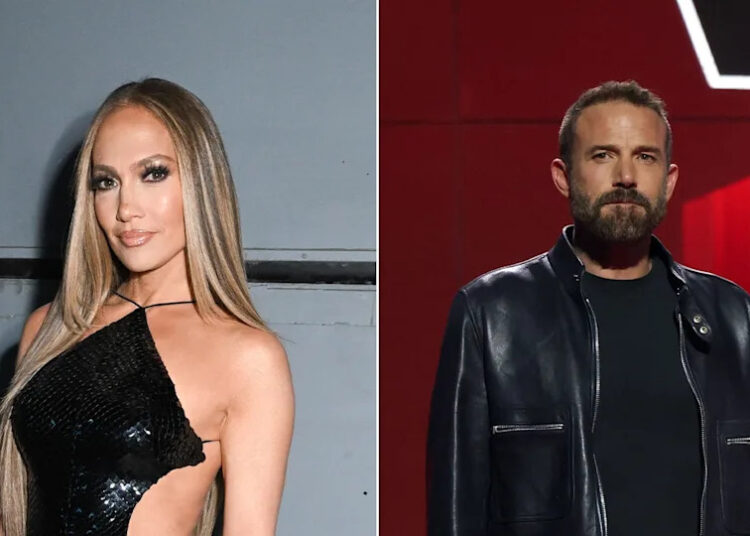 A split of Jennifer Lopez and Ben Affleck in which both of them are wearing black.