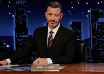 This image released by Disney shows Jimmy Kimmel hosting his late night show "Jimmy Kimmel Live!" in Los Angeles on Tuesday, Sept. 23, 2025. (Randy Holmes/Disney via AP)