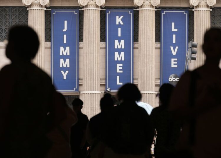 People walk by the Jimmy Kimmel Live studio on Hollywood Blvd., Wednesday, Sept. 17, 2025, in Los Angeles.