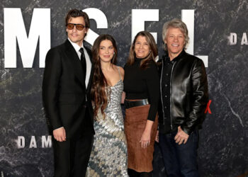 Jake Bongiovi, Millie Bobby Brown, Dorothea Hurley and Jon Bon Jovi attend the "Damsel" world premiere at The Plaza on March 1, 2024, in New York City.