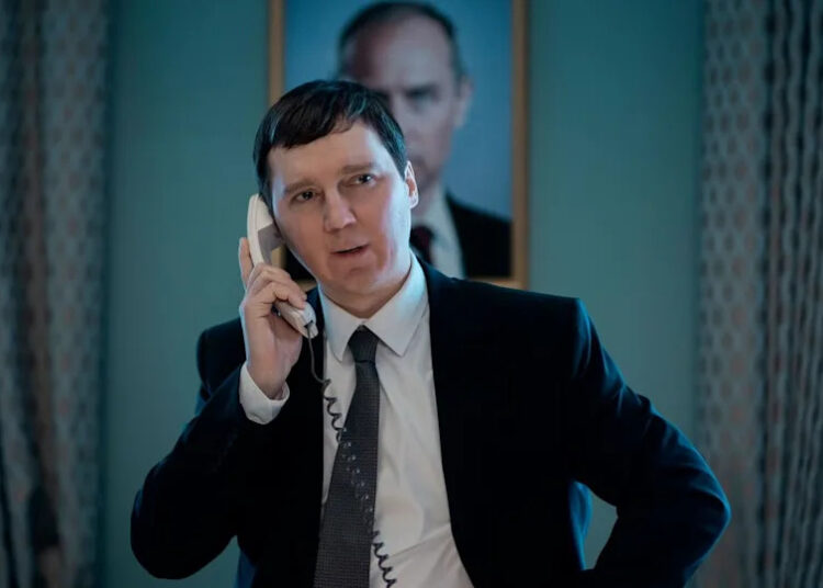 Law stars alongside Succession's Paul Dano, who plays a spin doctor who helps Putin climb the ranks (Carole Bethuel, Venice Film Festival)