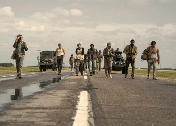 Charlie Plummer as Barkovitch, Garrett Wareing as Stebbins, Cooper Hoffman as Garraty, David Jonsson as McVries, Ben Wang as Olson, Tut Nyuot as Baker, and Joshua Odjick as Parker in The Long Walk. Photo Credit: Murray Close/Lionsgate