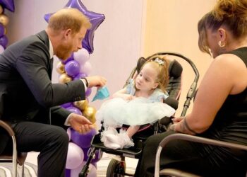 The Duke of Sussex chatting with children at the WellChild Awards on Monday. Pic: PA