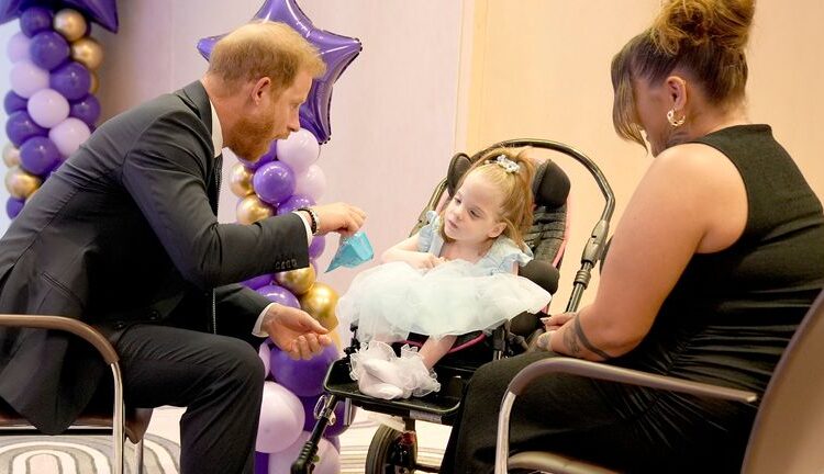 The Duke of Sussex chatting with children at the WellChild Awards on Monday. Pic: PA