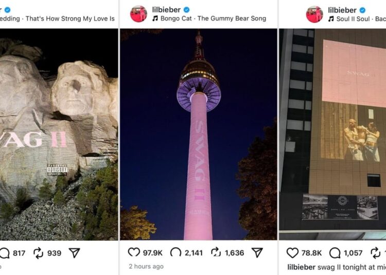 A composite image showing three Instagram posts, side-by-side. From left: an image of Mount Rushmore, with the faces of four men carved into the stone, and the title "SWAG II" projected on it; A tower lit pink with "SWAG II" projected on the base; a building with a projection of a pink square album cover with the title "SWAG II" above a square image of a man holding a baby next to a woman.