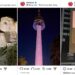 A composite image showing three Instagram posts, side-by-side. From left: an image of Mount Rushmore, with the faces of four men carved into the stone, and the title "SWAG II" projected on it; A tower lit pink with "SWAG II" projected on the base; a building with a projection of a pink square album cover with the title "SWAG II" above a square image of a man holding a baby next to a woman.