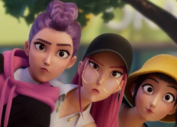 Rumi, Mira, and Zoey look ahead with focus as they leans together in KPop Demon Hunters. .