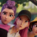 Rumi, Mira, and Zoey look ahead with focus as they leans together in KPop Demon Hunters. .