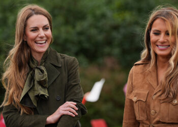WINDSOR, ENGLAND - SEPTEMBER 18: U.S. First Lady Melania Trump (R) and Catherine, Princess of Wales (L) meet members of the Scouts' Squirrels programme as they tour the grounds of Frogmore Cottage, during the State visit by the President of the United States of America and U.S. First Lady Melania Trump, on September 18, 2025 in Windsor, England. (Photo by Yui Mok - WPA Pool/Getty Images)