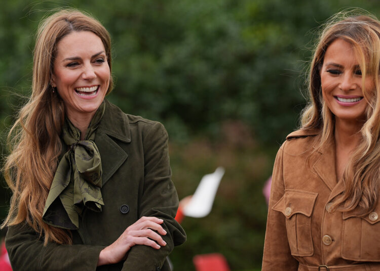 WINDSOR, ENGLAND - SEPTEMBER 18: U.S. First Lady Melania Trump (R) and Catherine, Princess of Wales (L) meet members of the Scouts' Squirrels programme as they tour the grounds of Frogmore Cottage, during the State visit by the President of the United States of America and U.S. First Lady Melania Trump, on September 18, 2025 in Windsor, England. (Photo by Yui Mok - WPA Pool/Getty Images)