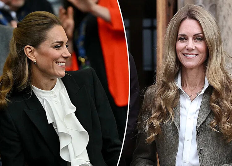 Kate Middleton with darker hair split with her with blonde hair