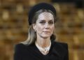 Kate Middleton wears Queen Elizabeth’s pearl choker at the Duchess of Kent’s funeral.(AP)