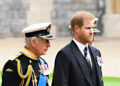 King Charles and Prince Harry walking side-by-side looking somber.