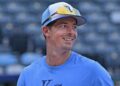 Aug 29, 2025; Kansas City, Missouri, USA; Kansas City Royals right fielder Mike Yastrzemski (18) looks on during batting practice before game against the Detroit Tigers at Kauffman Stadium. Mandatory Credit: Peter Aiken-Imagn Images