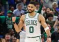Apr 27, 2025; Orlando, Florida, USA; Boston Celtics forward Jayson Tatum (0) reacts after beating the Orlando Magic in game four of first round for the 2025 NBA Playoffs at Kia Center. Mandatory Credit: Nathan Ray Seebeck-Imagn Images