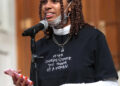 Taylor Hall, an "artivist," speaks during the "Crossroads of Democracy: Day of Action" event at the Indiana Statehouse, Saturday, Oct. 17, 2020.  The event aims to empower young activists fighting for equity, equality, social and economic justice, and generational change in politics. Artivism, Indiana Nasty Women, and Indiana Black Legislative Caucus are hosting the event.