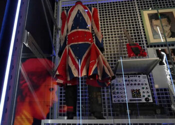 David Bowie’s 1997 Union Jack frock coat, designed with Alexander McQueen, displayed at the new David Bowie Centre at London’s V&A East Storehouse