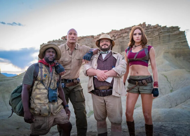kevin hart as franklin finbar, dwayne johnson as dr smolder bravestone, jack black as professor sheldon oberon, karen gillan as ruby roundhouse, jumanji the next level