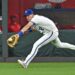 Sep 2, 2025; Kansas City, Missouri, USA;  Kansas City Royals left fielder Nick Loftin (12) makes a running catch in the ninth inning against the Los Angeles Angels at Kauffman Stadium. Mandatory Credit: Peter Aiken-Imagn Images
