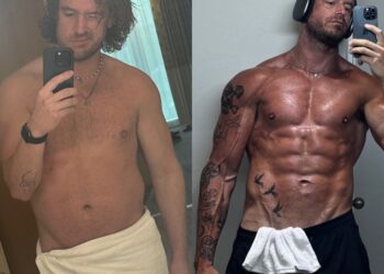 Collage of Shayne Jansen's before and after body transformation on Instagram