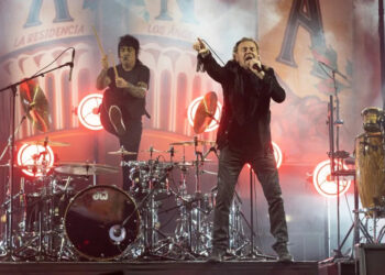 FILE - Alex Gonzalez, left, and Fher Olvera of the Mexican rock band Mana perform at the Los Angeles Forum on Nov. 15, 2021, in Inglewood, Calif. (Photo by Willy Sanjuan/Invision/AP, File)