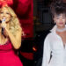 Mariah Carey in a red dress singing on stage; Rihanna in a white outfit with a high bun hairstyle and diamond necklace.