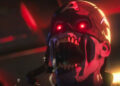 Zombie Captain America's eyes glowing red as he howls with undead hunger.