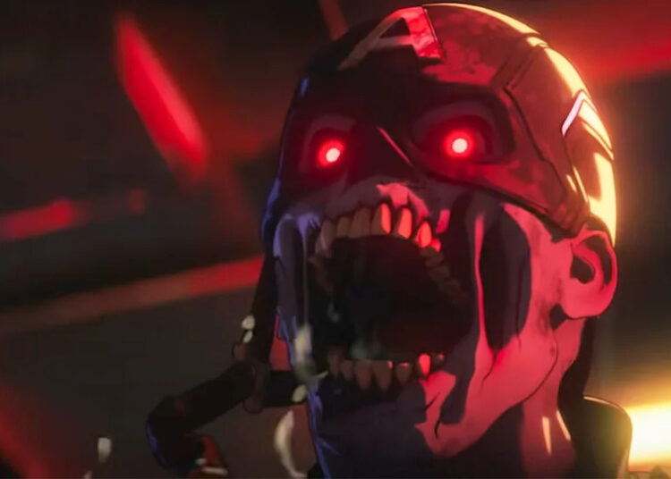 Zombie Captain America's eyes glowing red as he howls with undead hunger.