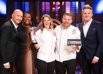Kelly Gardner/FOX Joe Bastianich, Judge Tiffany Derry, Winners Jessica and Jesse on 'MasterChef: Dynamic Duos.'