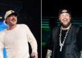 Morgan Wallen wears hat and white shirt on stage next to Jelly Roll in all black.