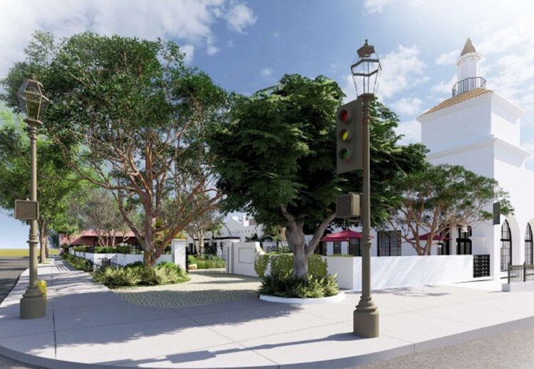 A rendering shows a view of the music venue, park, restaurant and market proposed for the corner of State and Gutierrez streets in Santa Barbara.
