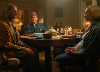 (L to R) Toni Collette as Evelyn, Mae Martin as Alex Dempsey, and Sarah Gadon as Laura