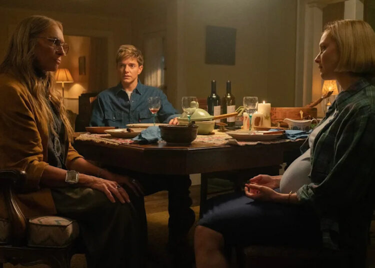 (L to R) Toni Collette as Evelyn, Mae Martin as Alex Dempsey, and Sarah Gadon as Laura