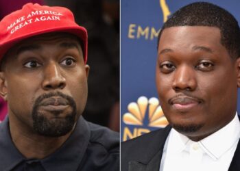 Kanye West, left, and Michael Che, right.