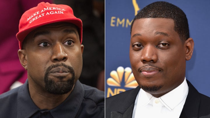 Kanye West, left, and Michael Che, right.