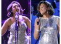 Jennifer Hudson performs at the pre-Grammy gala in Beverly Hills, Calif., on Feb. 4, 2023, left, and Whitney Houston performs at the pre-Grammy gala in Beverly Hills, Calif., on Feb. 13, 2011. (AP Photo)