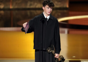 Owen Cooper accepts the outstanding supporting actor in a limited or anthology series or movie award for "Adolescence" at the 77th Emmy Awards at Peacock Theater Sept. 14, 2025 in Los Angeles.
